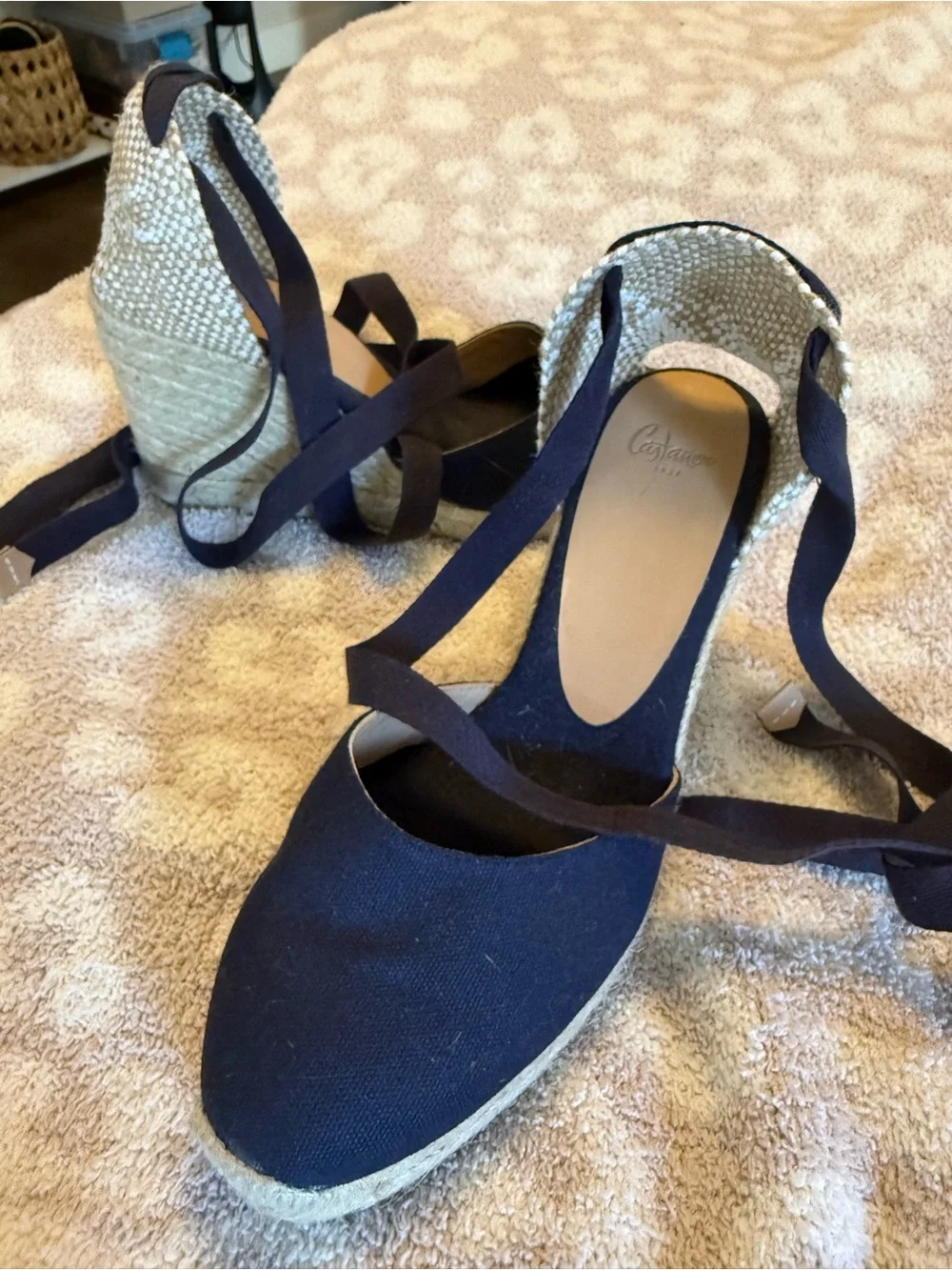 Navy Espadrille Wedge Ankle-Tie Sandals - never worn